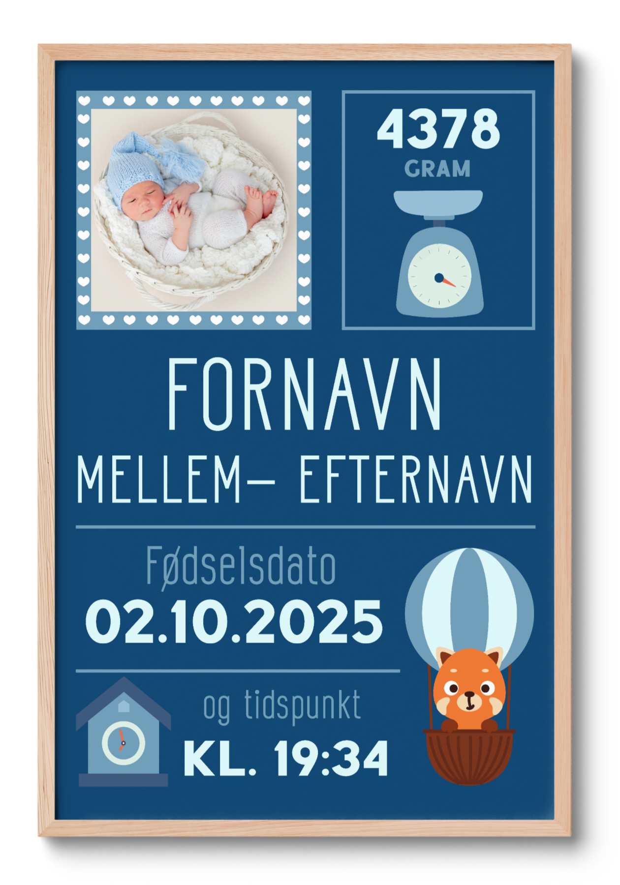 ød fødselsplakat med et et billede af barnet som i selv uplaoder, barnets navn, vægt og fødselsdato