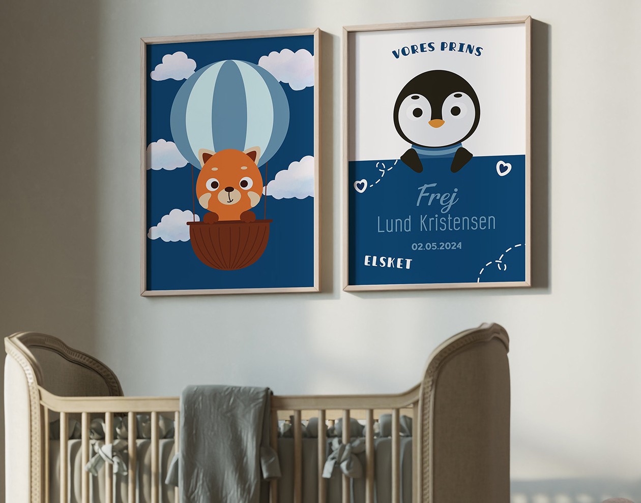 Blaa-foedselsplakat-og-plakat-med-roed-panda-i-luftballong-til-baby-og-boernevaerelset-billedvæg til dreng.jpg
