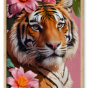 Plakat med en majestætisk tiger udsmykket med lyserøde Hawaii blomster. Tigerplakaten er indrammet i en ramme af massiv egetræ.