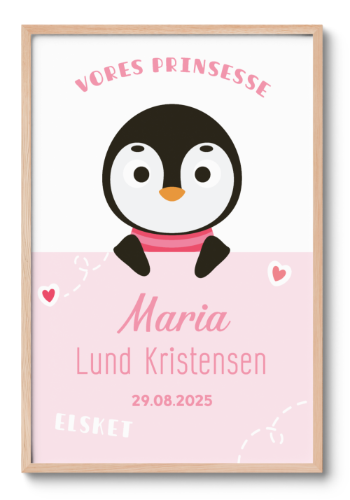 Fødselsplakat pige: Sød pingvin fødselsannonce plakat til en baby pige. Indeholder en charmerende pingvinillustration, fødselsdato og "vores prinsesse" (vores prinsesse).